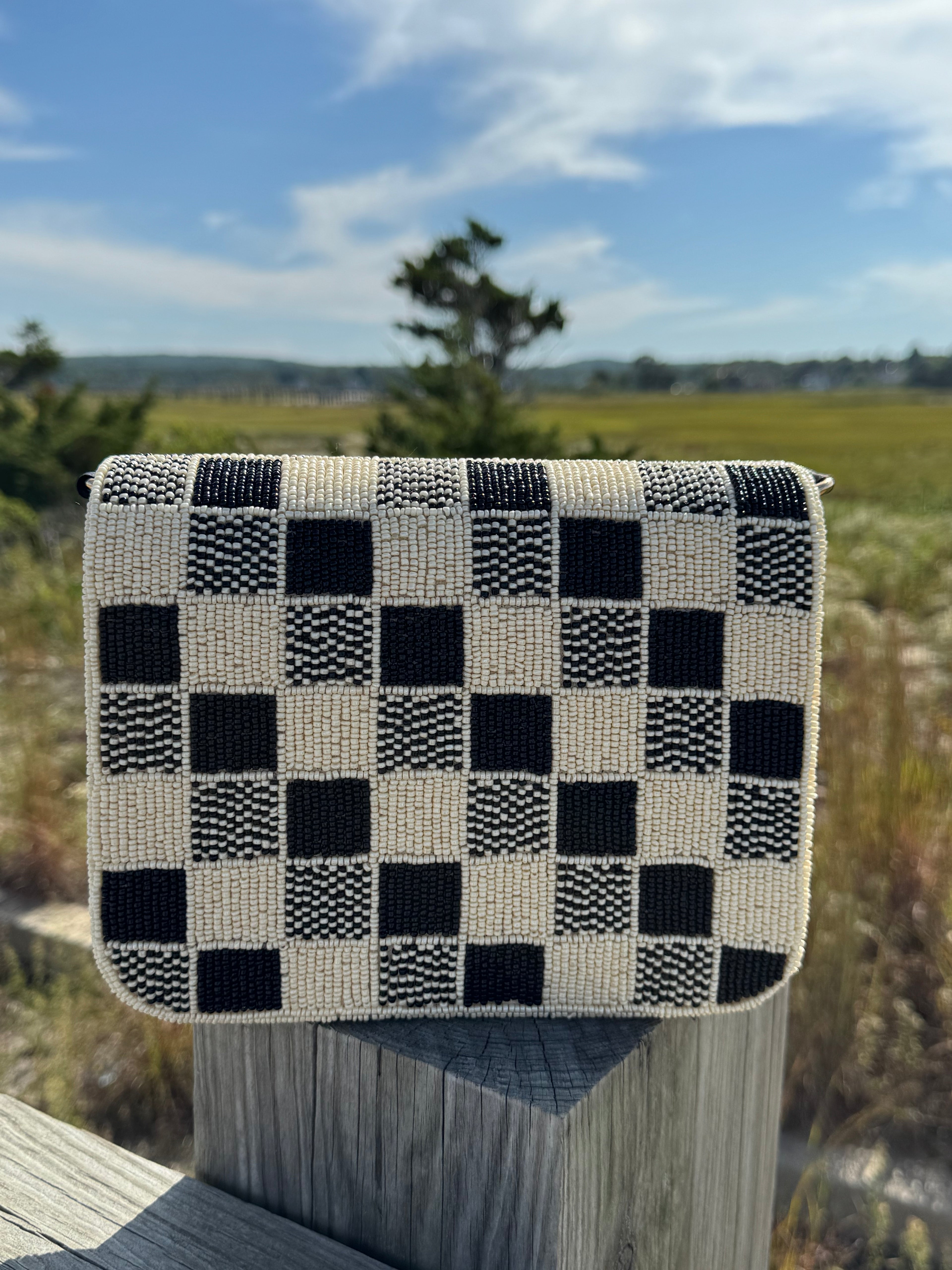 Gingham Leaf Beaded Cross Body Bag