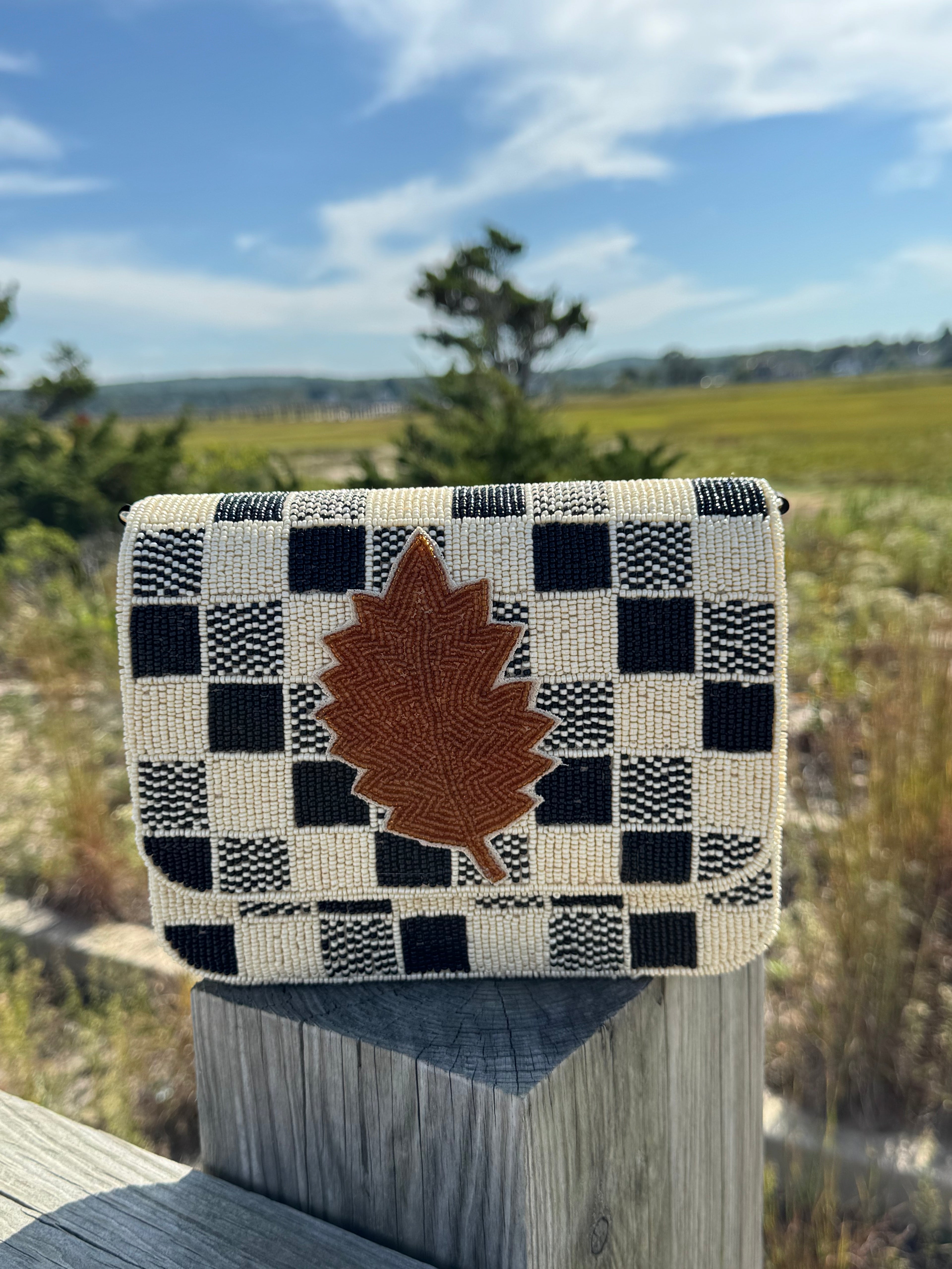 Gingham Leaf Beaded Cross Body Bag