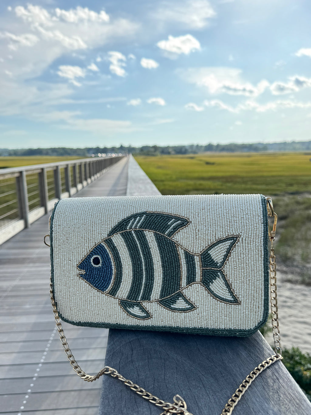 Coastal Fish Beaded Crossbody Bag
