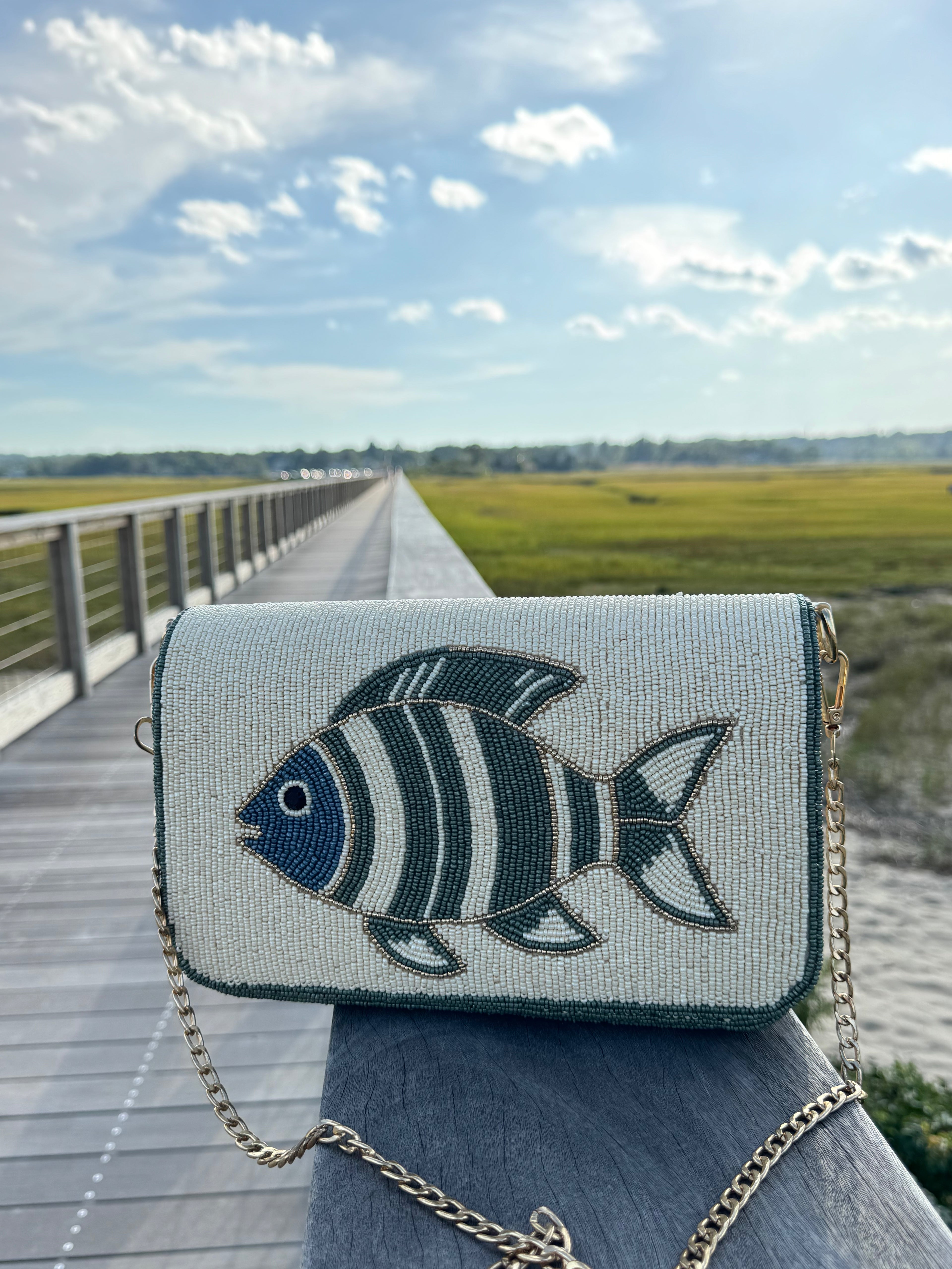 Coastal Fish Beaded Crossbody Bag